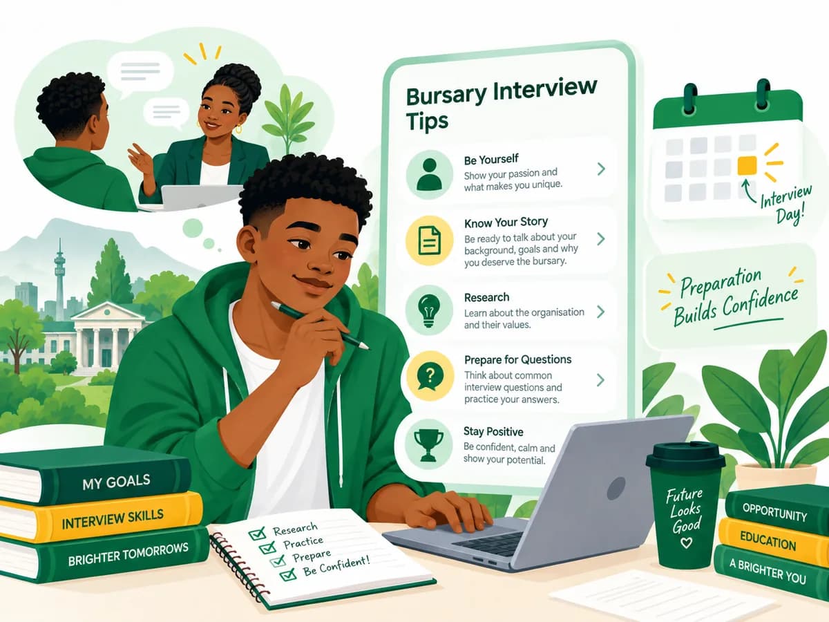 Student preparing for a bursary interview with research and confidence tips